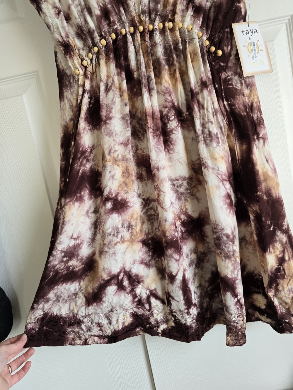 Raya Tie-Dye Beaded V-Neck Beach Cover Up Dress in Plum and Cream - Picture 9 of 16